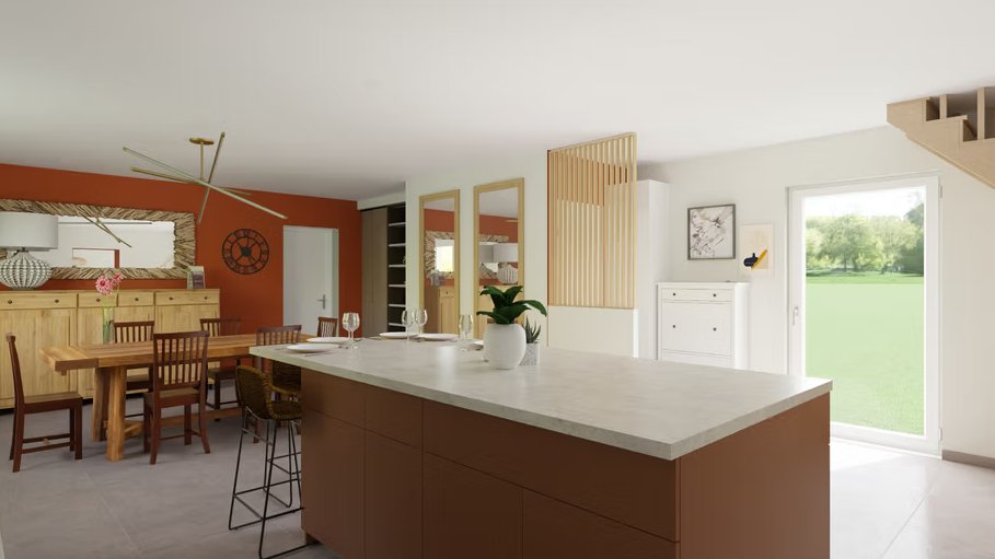 Cuisine ouverte et salle à manger aux tons terracotta et bois