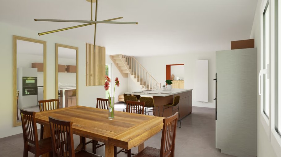 Séjour et cuisine ouverte avec escalier, ambiance chaleureuse