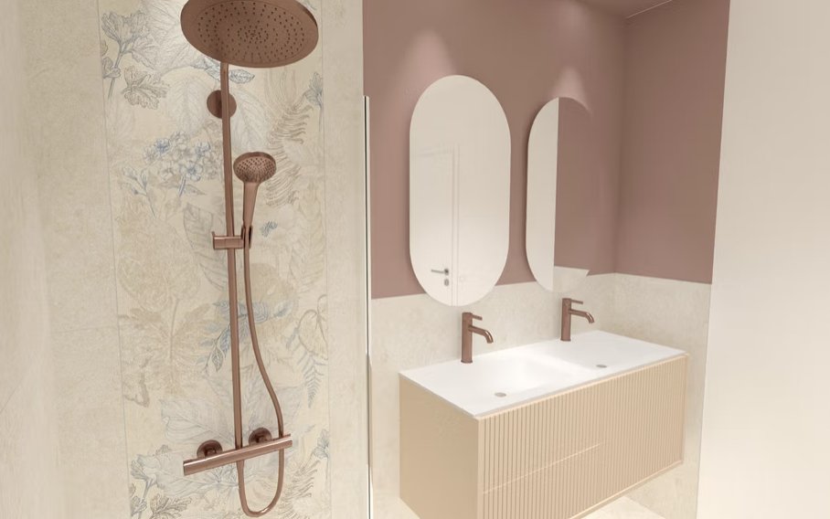 Salle de bain double vasque aux tons rosés et beige